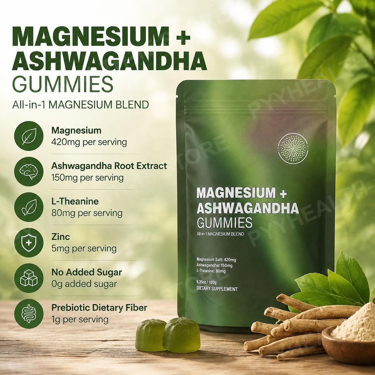 Ashwagandha Extract Root - 마그네슘 + 아슈와간다 구미 (L-테아닌, 아슈와간다